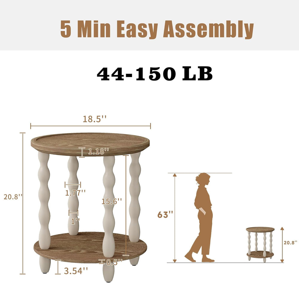 Round End Table, 2-Tier Farmhouse End Table, 18.5'' Handcrafted Weath...