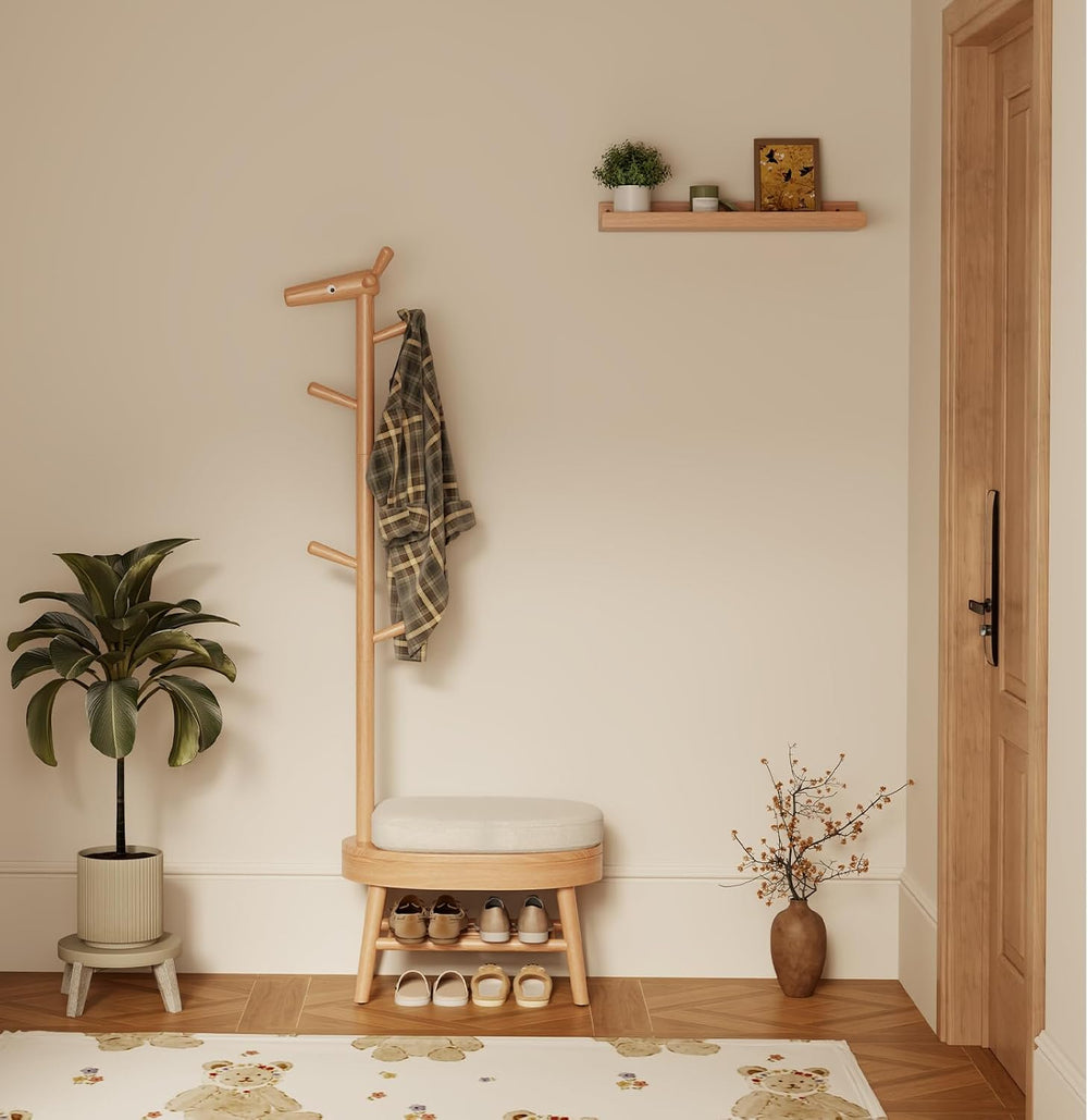 AQIMUELE Entryway Shoe Rack with Coat Rack, Wooden Shoe Bench with Upholstere...