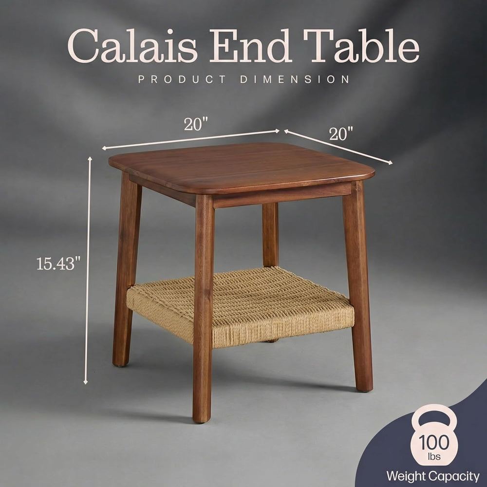 Alaterre Furniture Calais 2-Tier Solid Wood End Table with Woven Storage Shel...