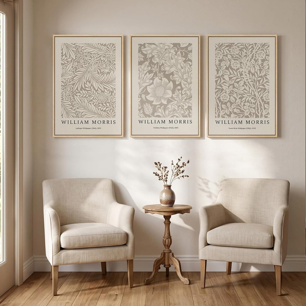 Large Framed William Morris Neutral Floral Wall Art for Living Room, 3 Pcs