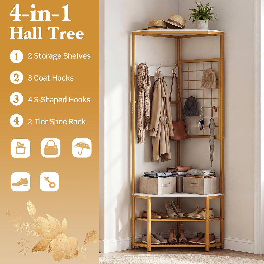 GOFLAME Corner Hall Tree, Freestanding Coat Rack Stand with Storage Shelves, ...