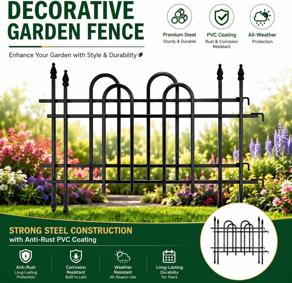 Metal Garden Fence Panels 18'' H x 22'' W, 7.3 Ft Total Lengt...