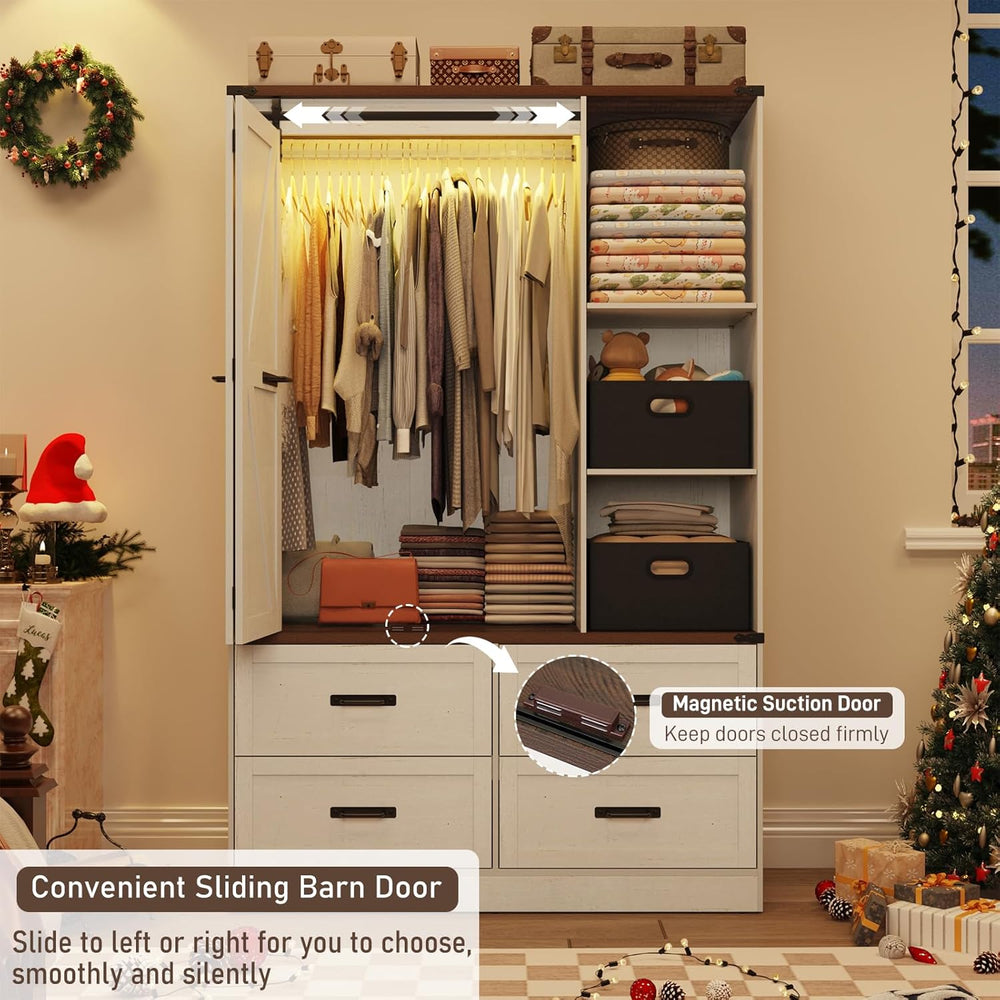 Farmhouse 3 Doors Armoire Wardrobe Closet w/Folding Sliding Barn Door and Lig...