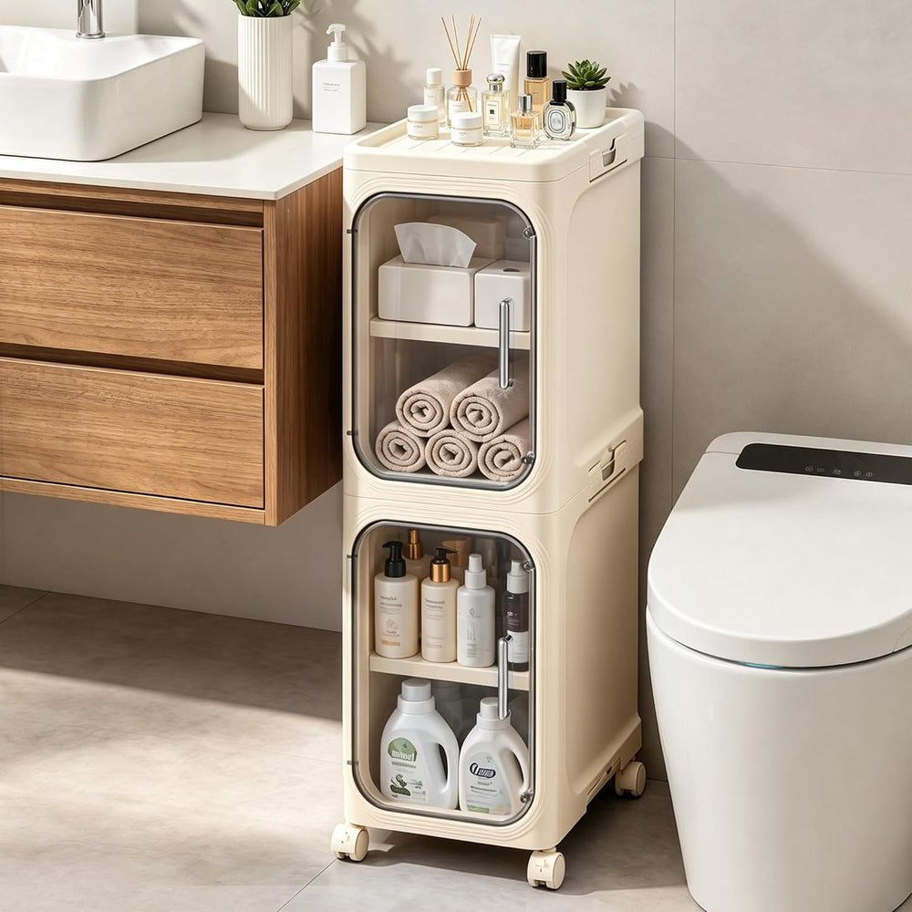 2-Tier Slim Narrow Bathroom Storage Cabinet, Cream White | Tool Free Assembly...