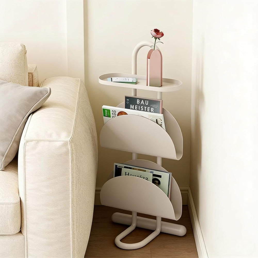 Small Narrow Side Table End Table with Magazine Book Holder Rack (White)