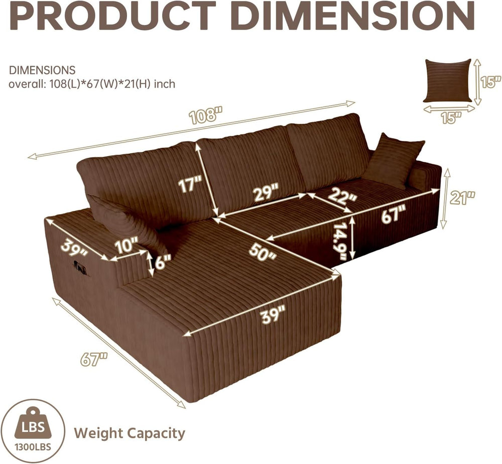 108" Brown Modular Sectional Cloud Couch for Living Room Deep Seat L Sha...