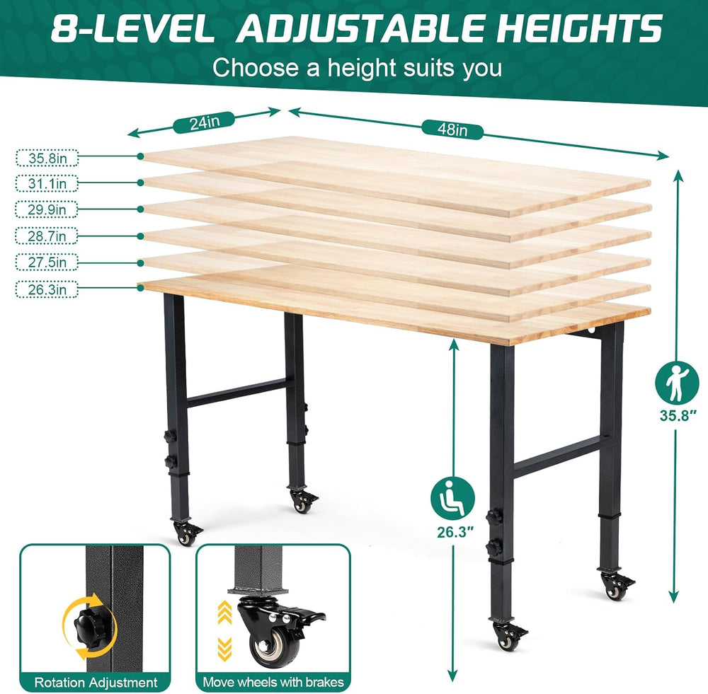 OLBRUS 48” Adjustable Workbench with Metal Wheels, 2000LBS Load Capacity