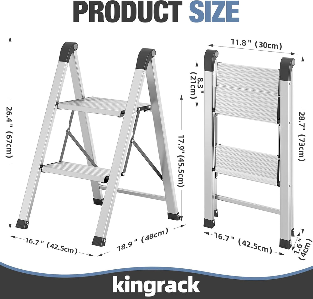 KINGRACK 2 Step Aluminum Step Ladders Foldable for Home, 330lb, Silver