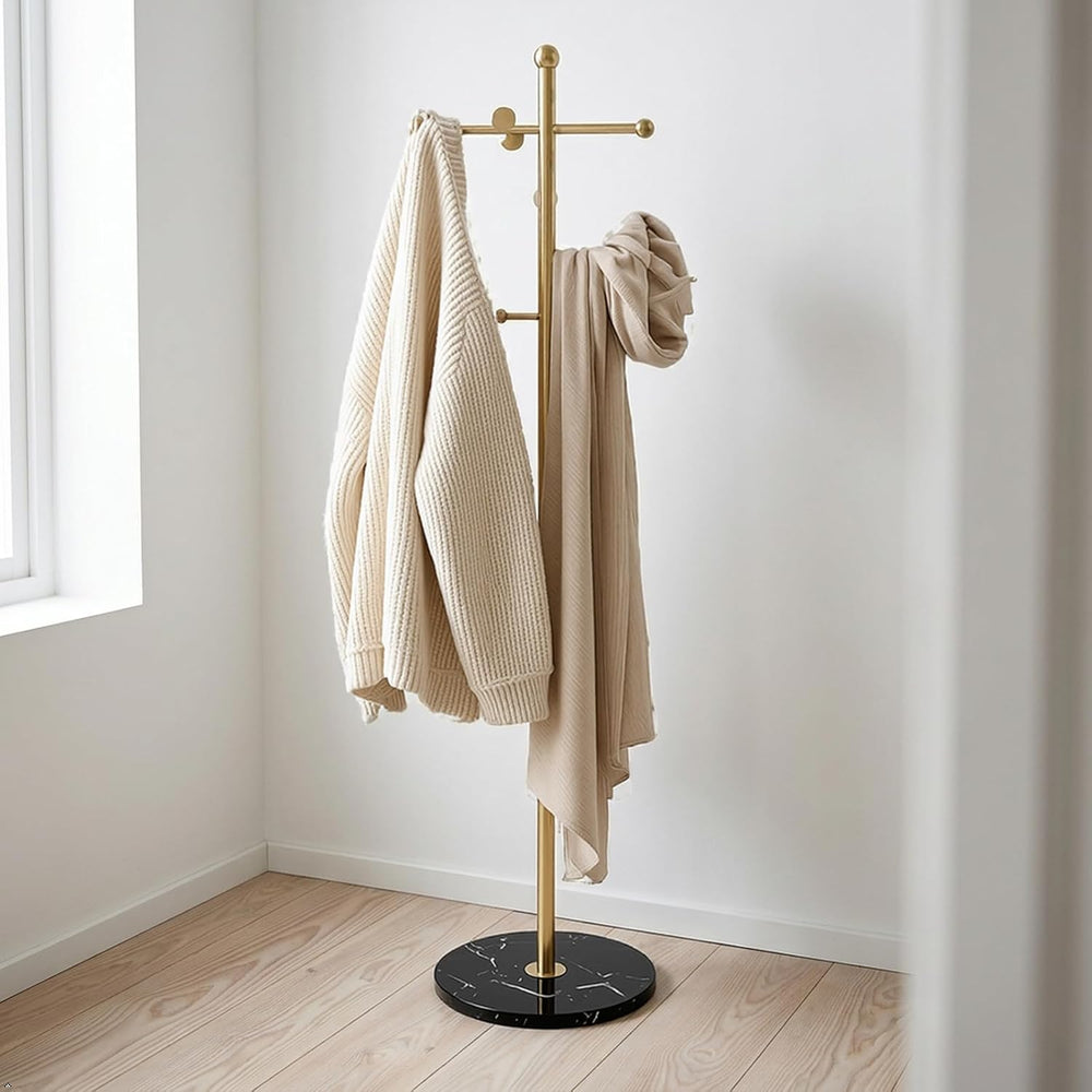Modern Freestanding Coat Rack with Marble Base, 8 Hooks