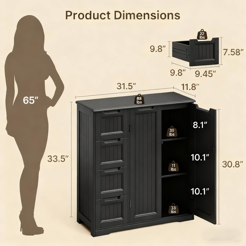 Gizoon Wooden Bathroom Floor Cabinet, Side Storage Organizer Cabinet with 4 D...
