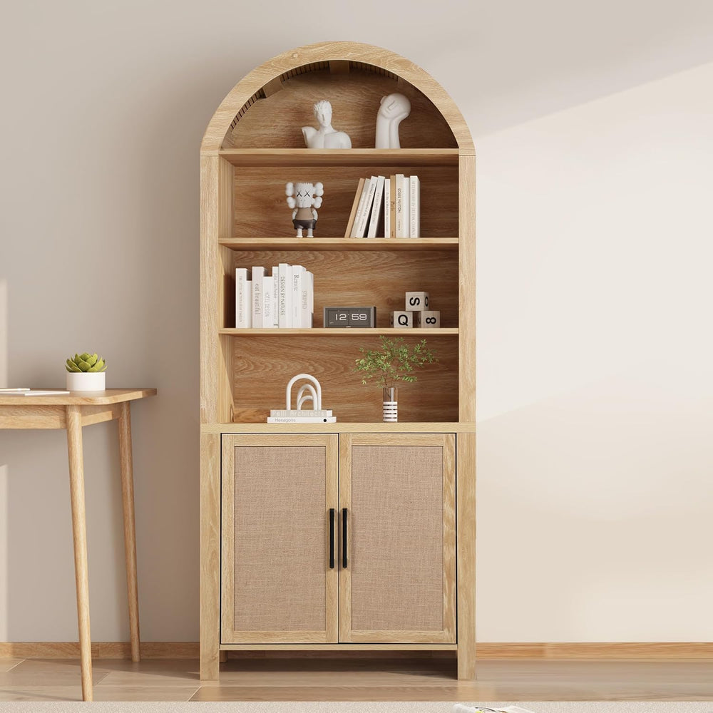 Janmer Home 71" Tall Boho Rattan Arched Bookcase with Doors, Natural