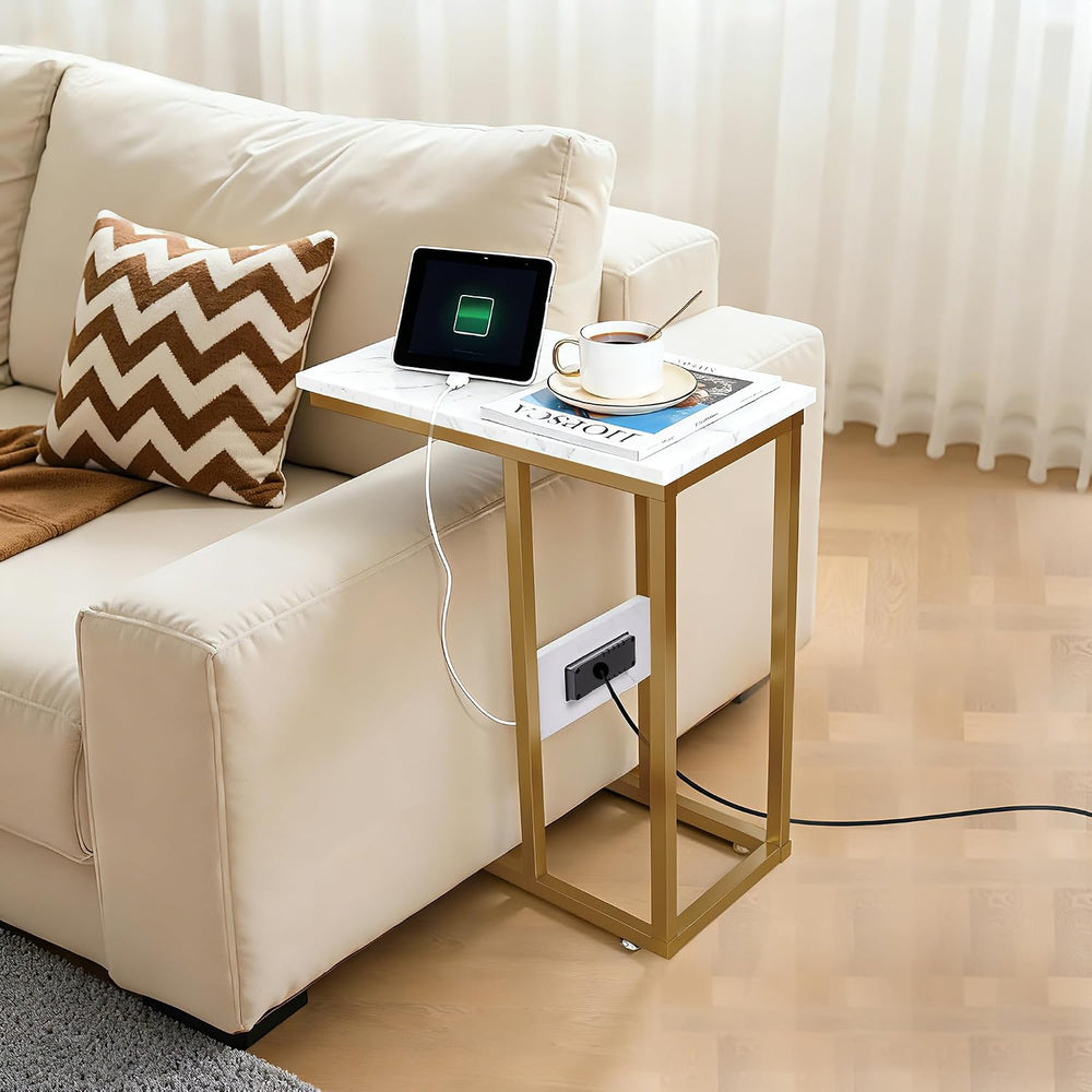 VECELO C-Shaped End Side Table Set of 2, with Charging Station & Two USB ...
