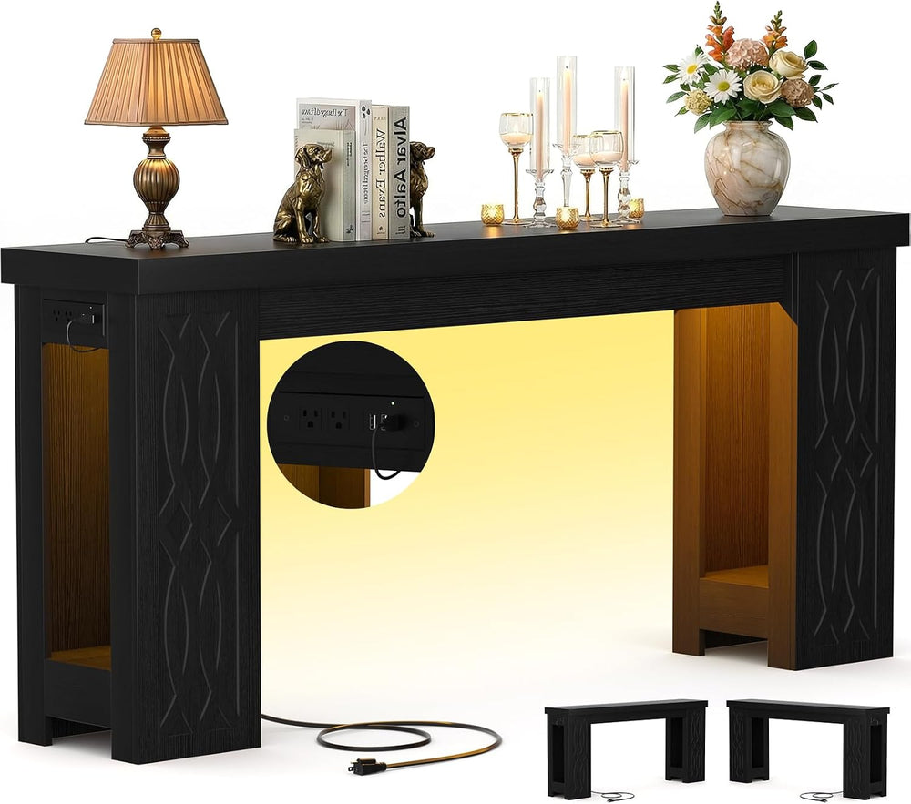 Cyclysio 63" Console Table with Outlet & Colorful LED Lights, Black ...