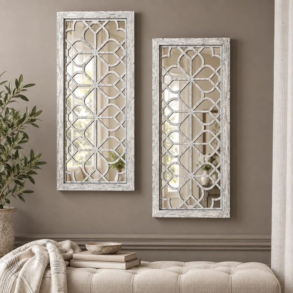 Set of 2 13x30 Inch Large Grey Shatterproof Carved Floral Wood Frame Wall Mir...