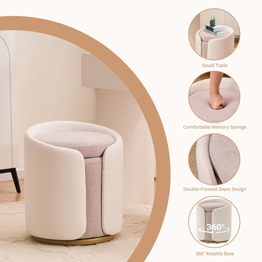 Vanity Chair with Storage, Round Boucle Vanity Stool No Wheels, Swivel Ottoma...