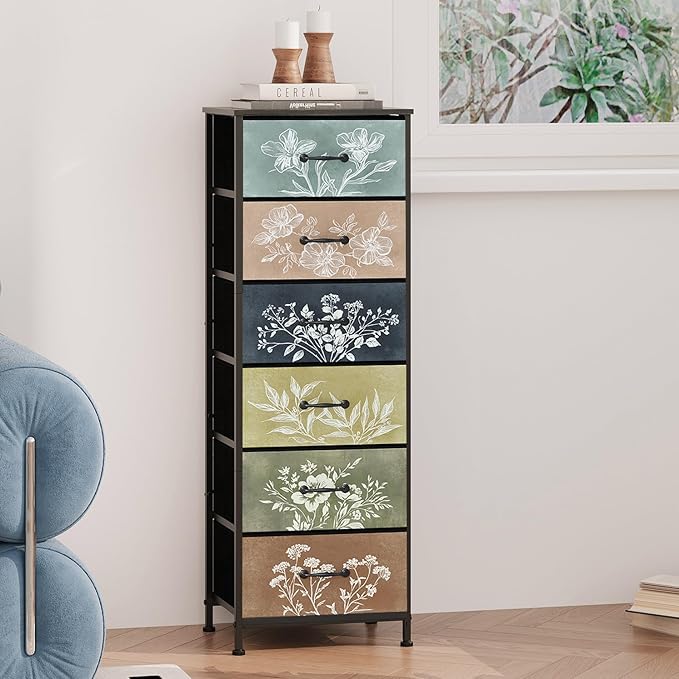 Tohomeor Vintage Dresser Vertical Nightstand with Neutral Botanical Plant Fab...