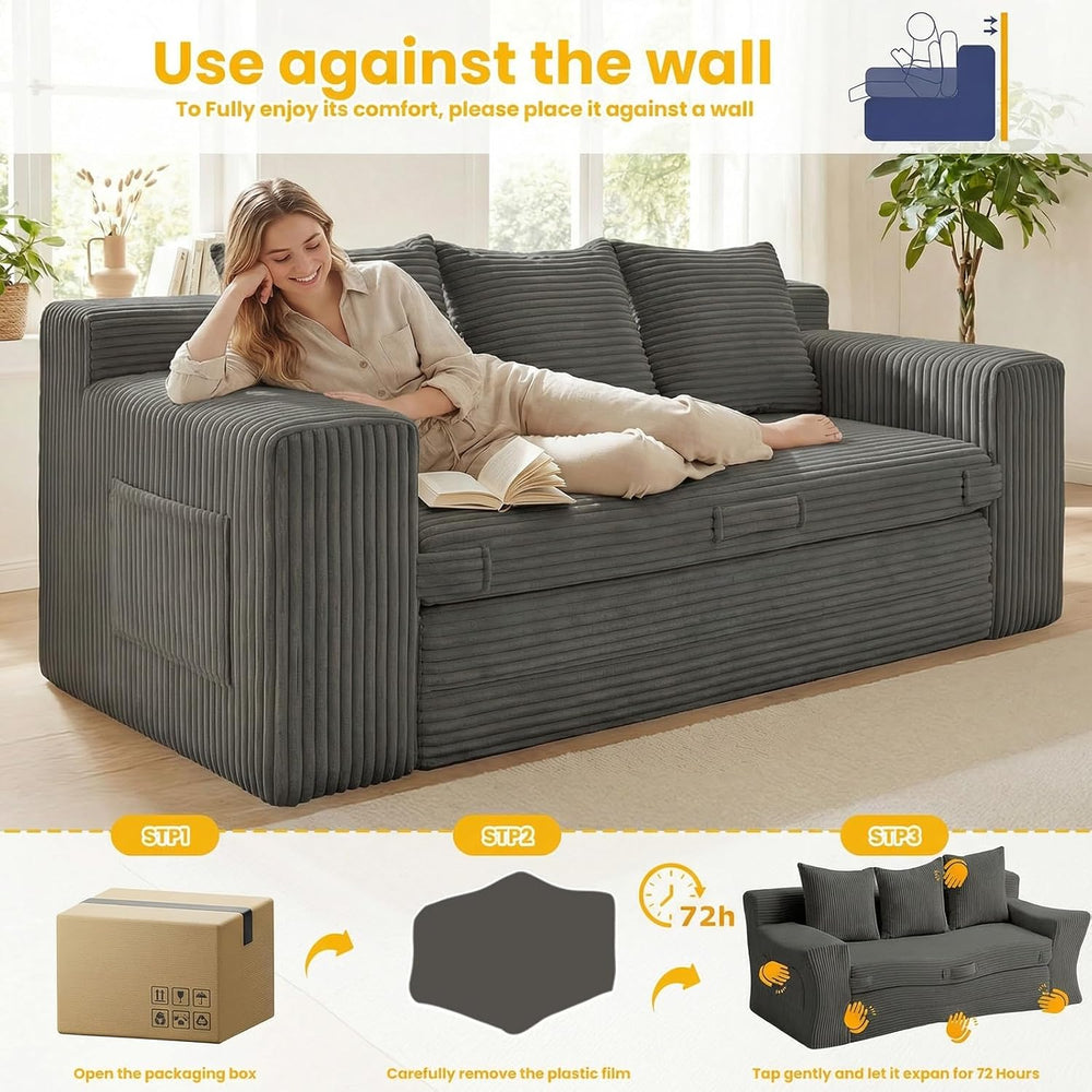 Couch,3 Seater Couch Bed – 3-in-1 Convertible Sleeper Sofa with Side Pockets ...