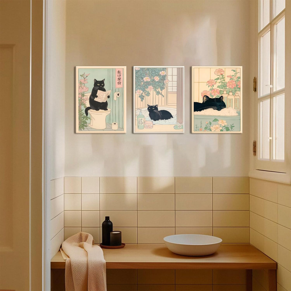 Funny Bathroom Wall Art Set of 3, Japanese Cute Black Cat Wall Decor Painting...