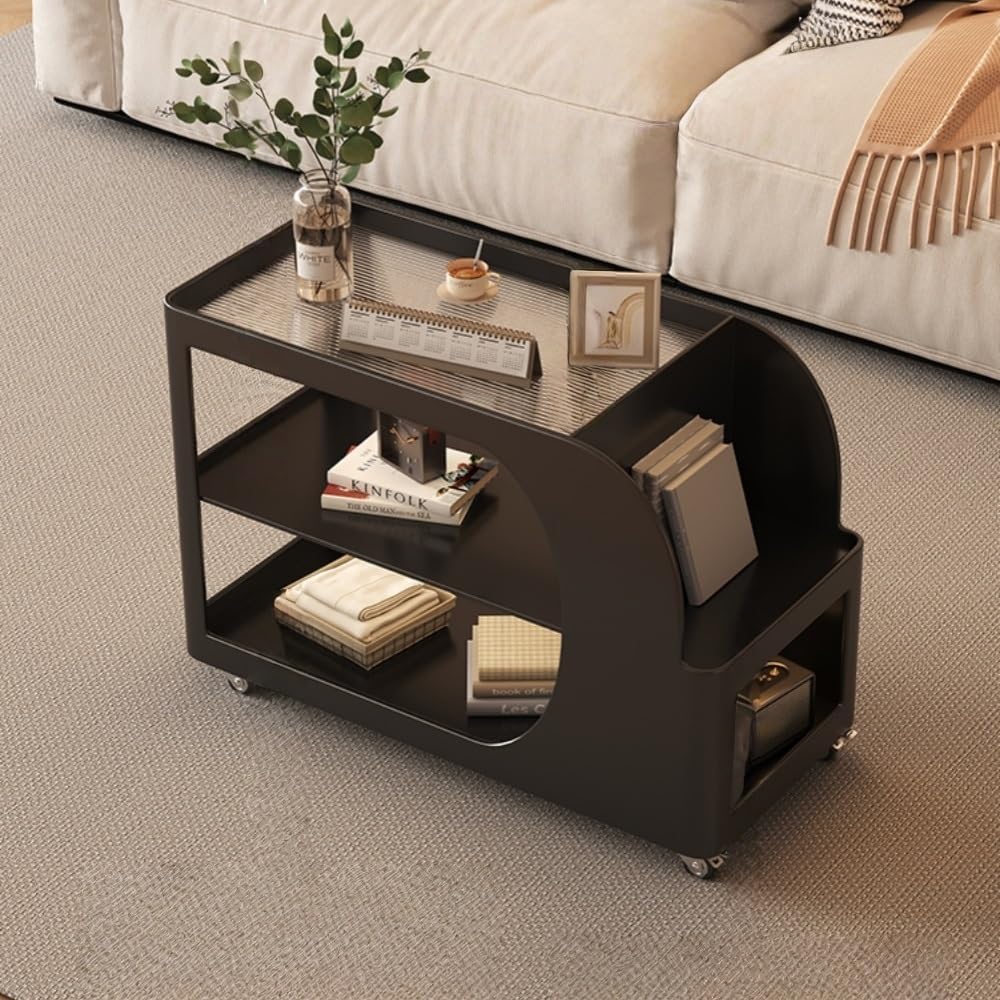 Mobile Sofa Side Table with Wheels, Metal Rolling End Table with Storage, 3-T...