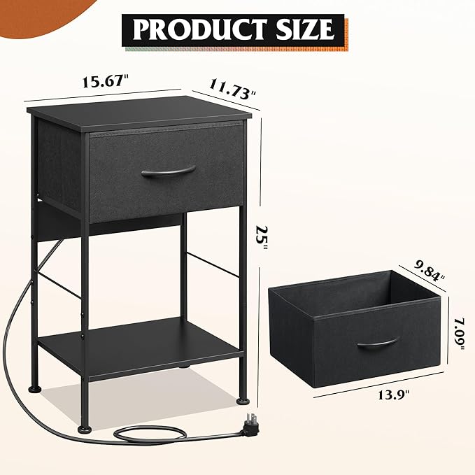 WLIVE Night Stand with Charger Station, Small Nightstand with 1 Fabric Drawer...