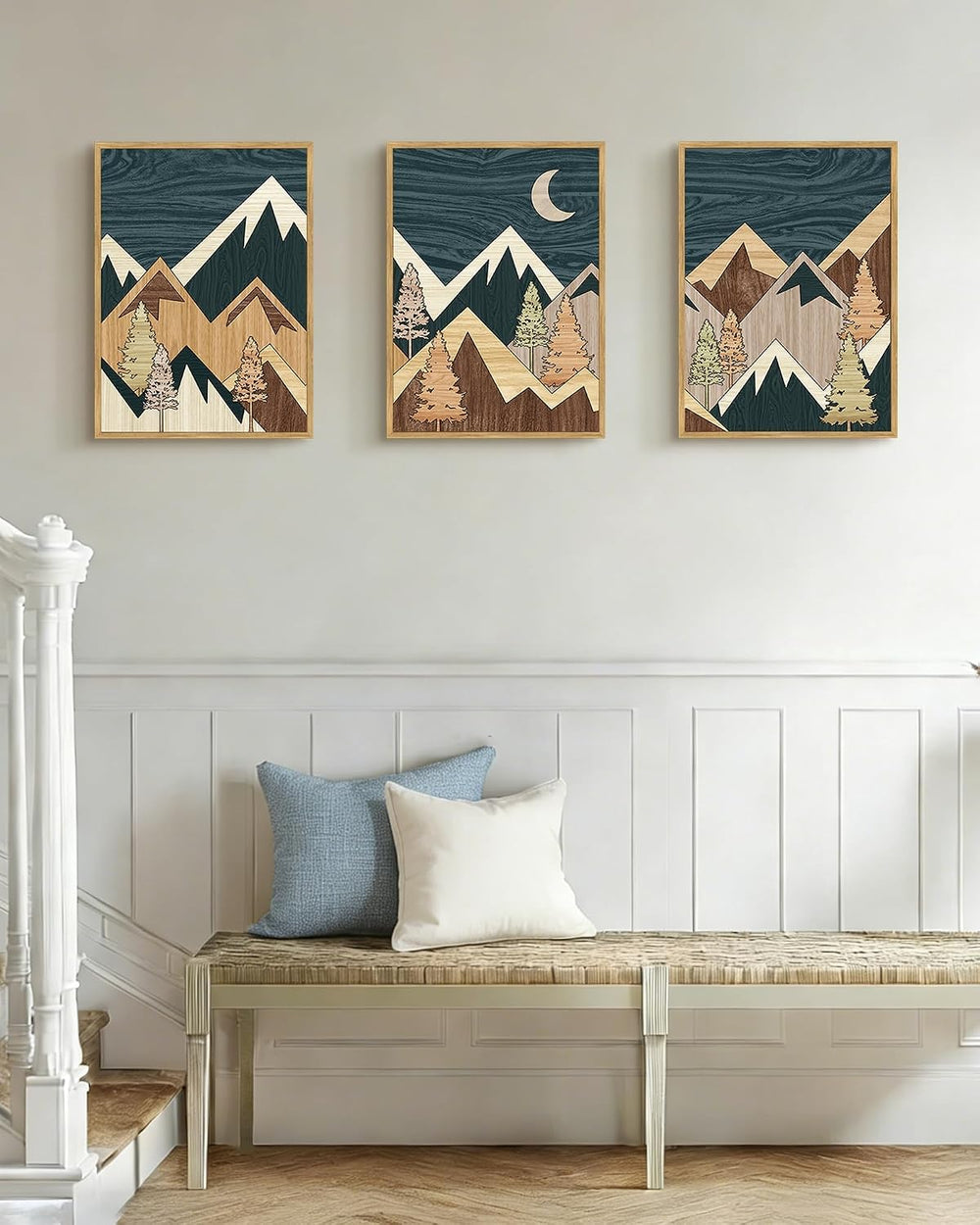 PHOPAGO Morden Mountains Framed Wall Art Boho Woodcut Pine Tree Forest Nature...