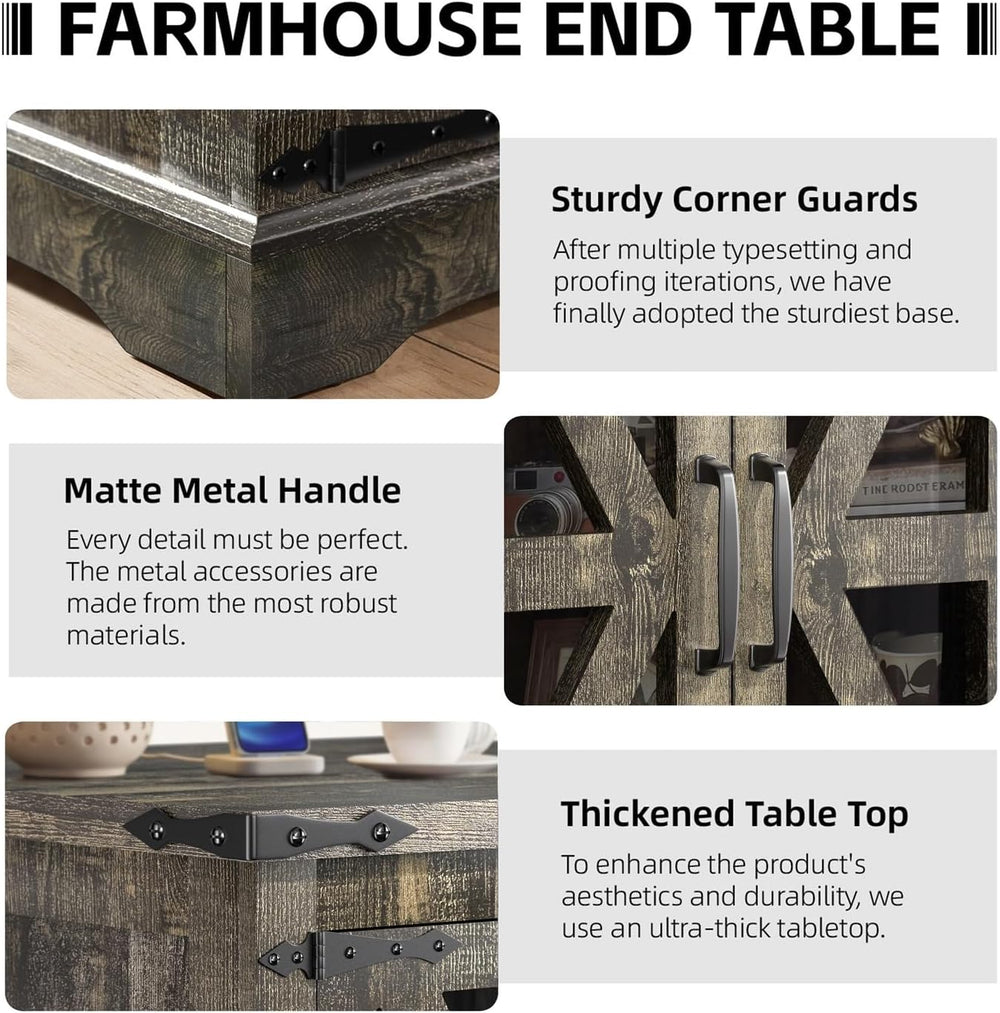 Farmhouse End Table, 24" Large End Tables with Storage, Rustic Square So...