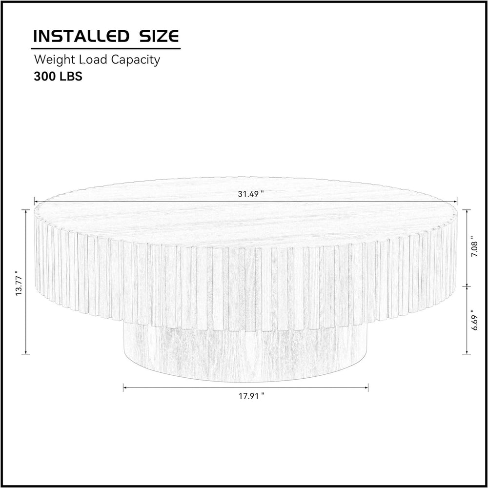 Round Coffee Table with Fluted Design, Wood Oak