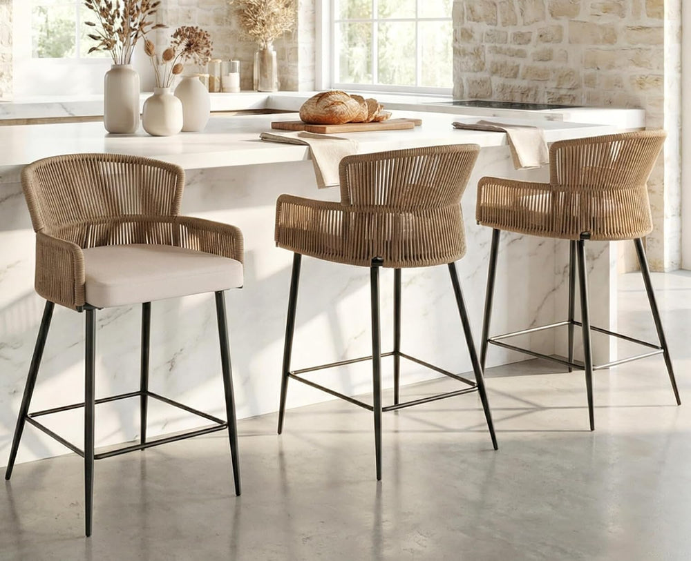 HNY Farmhouse Woven Bar Stools Set of 3, 26 Inch Linen Upholstered Rattan Bar...