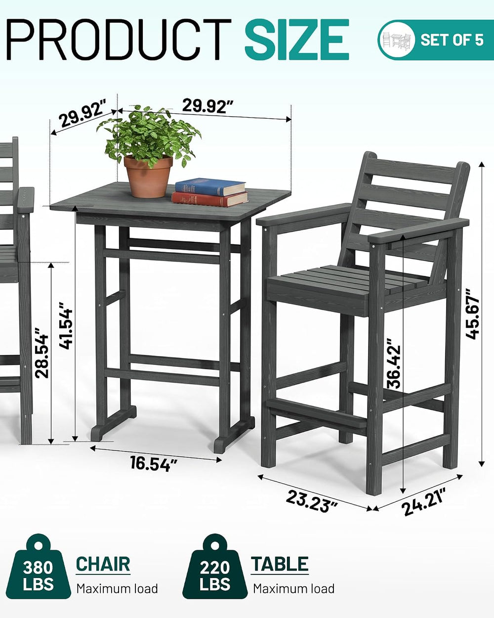 PLUUV Tall Bar Height Adirondack Chairs Set of 2 with Table, Grey