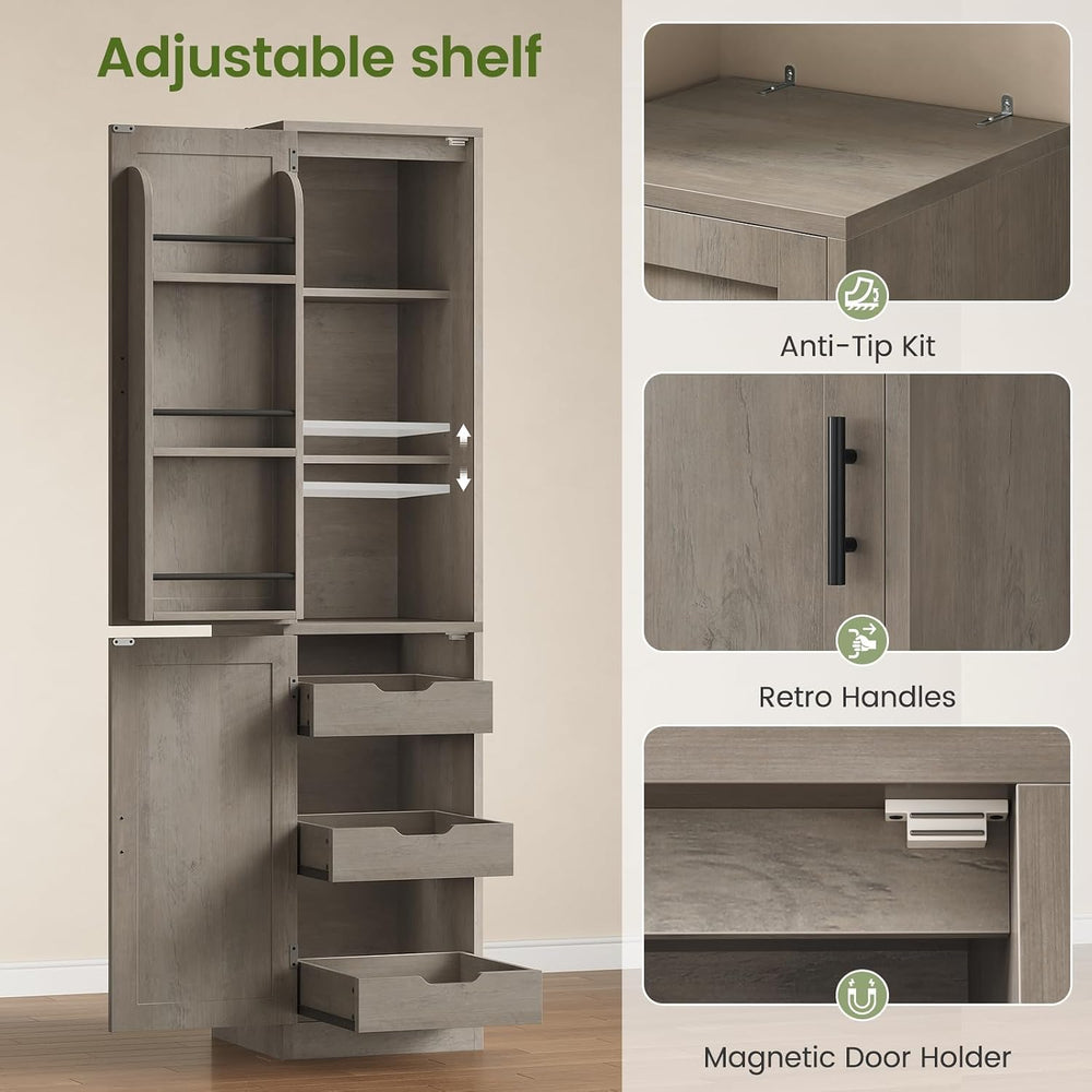 Itaar Narrow Kitchen Pantry Cabinet with 3 Door Shelves & 3 Drawer, Grey ...