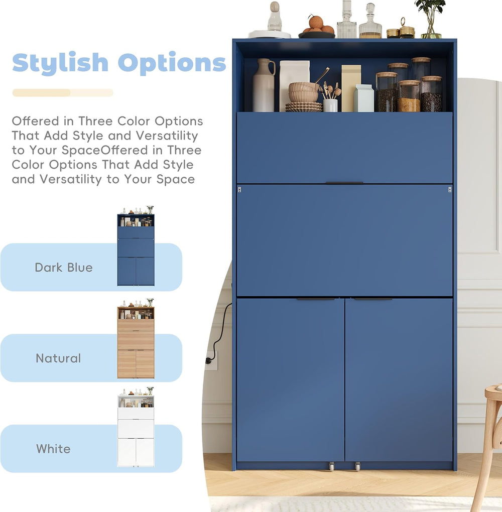 MERITLINE Compact Kitchen Pantry with Hutch and Foldable Workstation, Multifu...