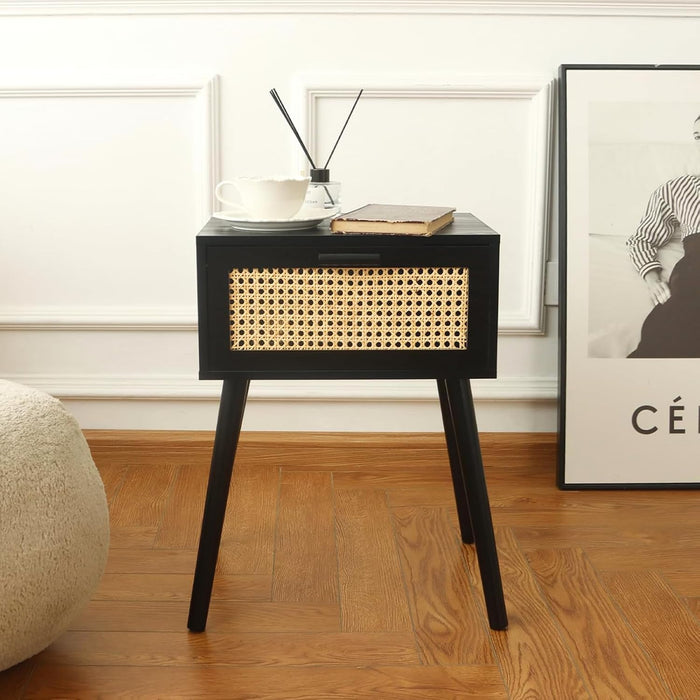 AWASEN Mid Century Modern Nightstand, Rattan Black Side Table with Drawer