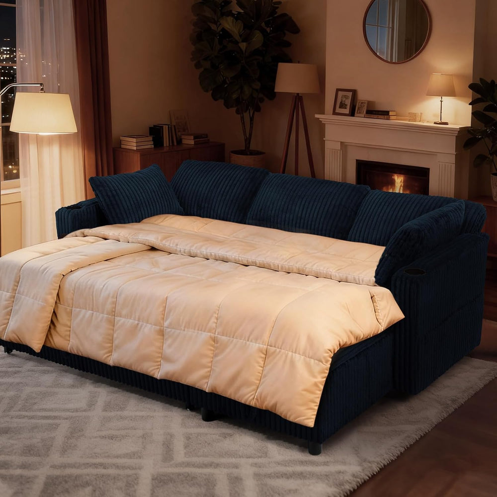 84" Corduroy Pull Out Sofa Bed w/Adjustable Backrests, Blue