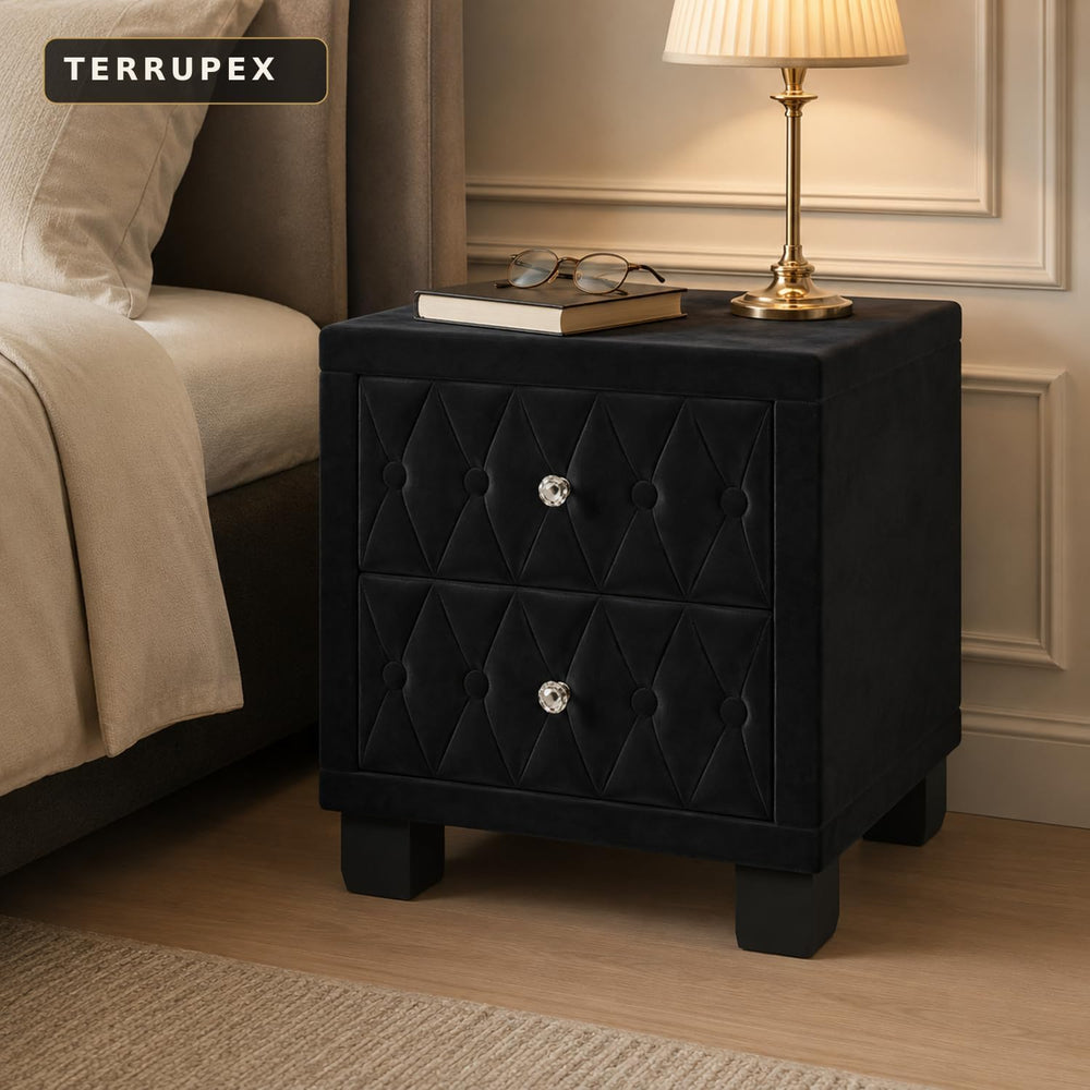 Bedside Table Nightstand with 2 Drawers, Velvet Button-Tufted Night Stand wit...