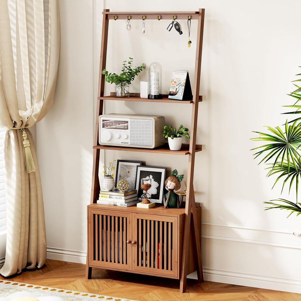 Bookcase with Drawers, Ladder Shelf 4-Tier Bamboo Bookshelf with 6 Hooks