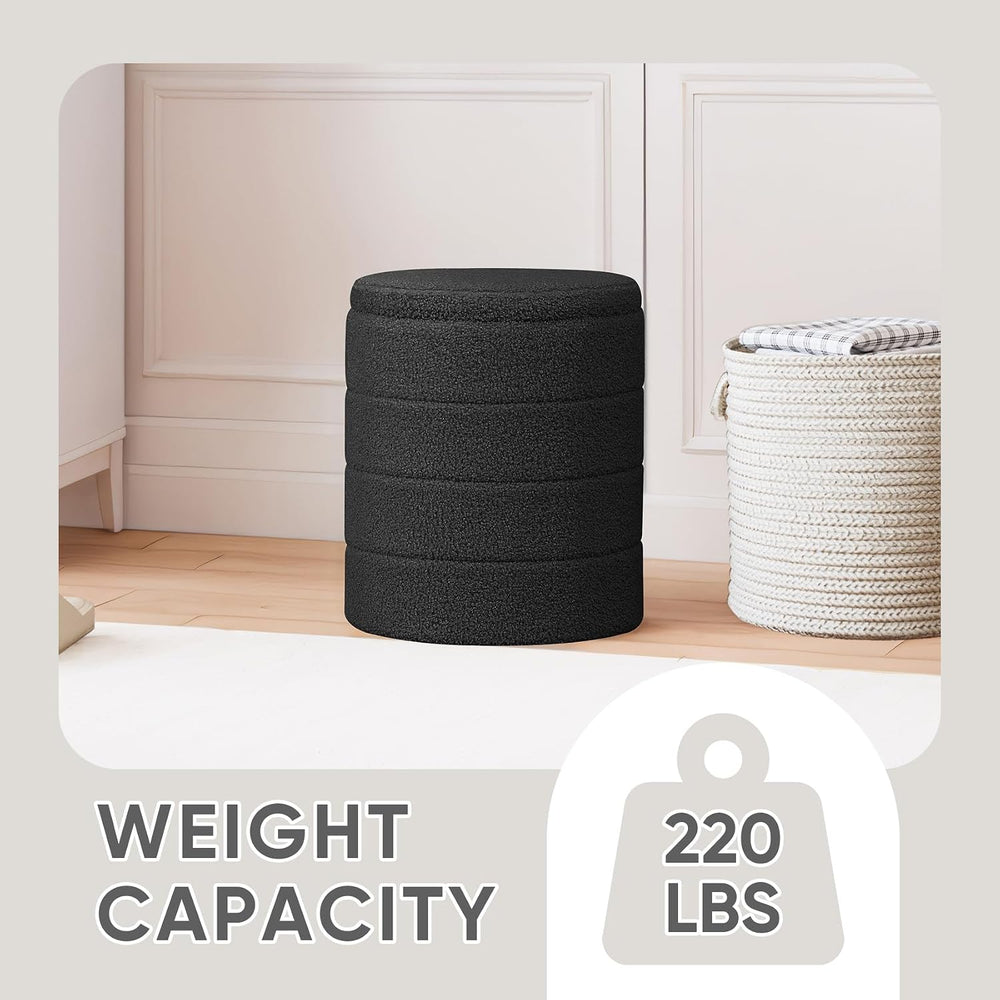PINPLUS Compact Round Folding Storage Ottoman, Black Boucle Footstool