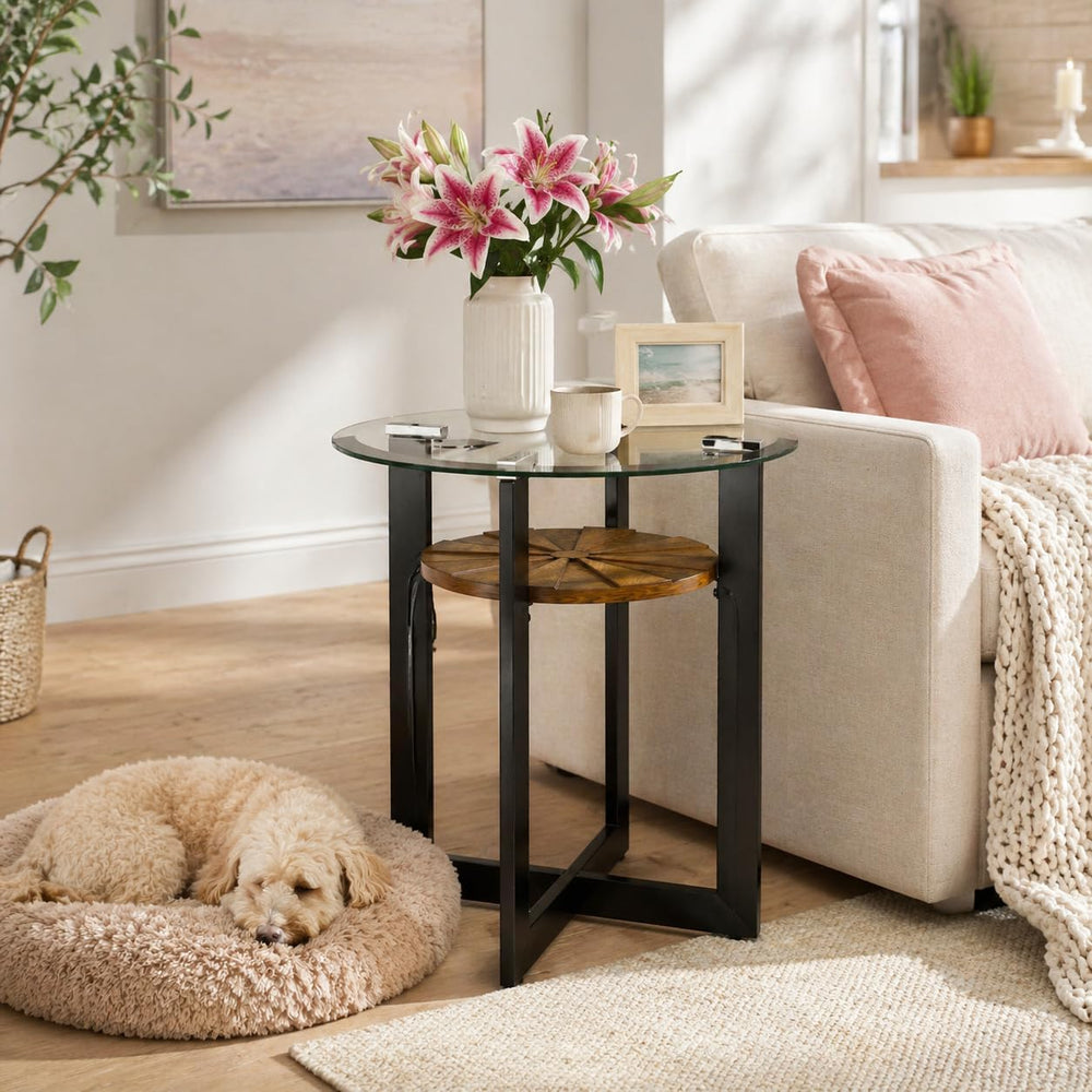 2-Tier Round End Side Table with 8mm Tempered Glass Top, Sofa Bedside Table w...