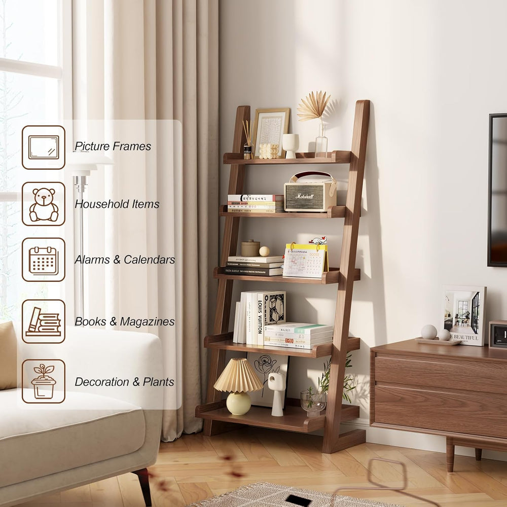 AQIMUELE Walnut Wooden Ladder Shelf with Edges, 5-Tier Modern Leaning Bookshe...