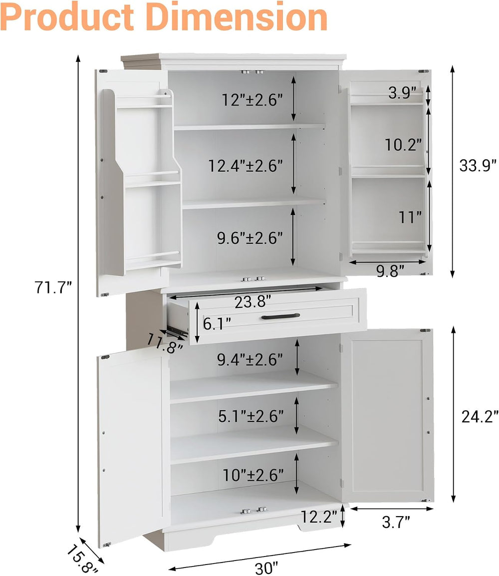 72in Tall Cabinet with Drawer, 6 Doors and Adjustable Shelves, Large Kitchen ...