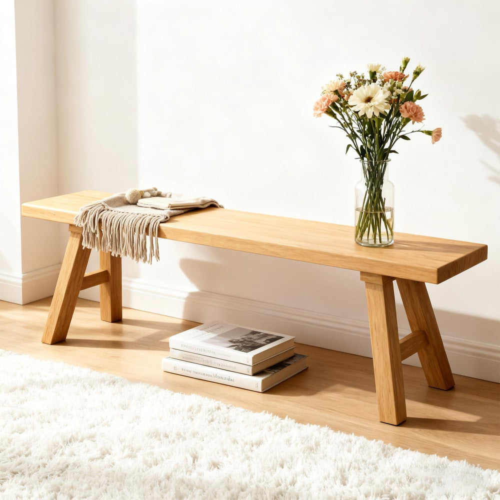 47.2" Solid Wood Entryway Bench - Extra Long Elm Wood Farmhouse Dining B...