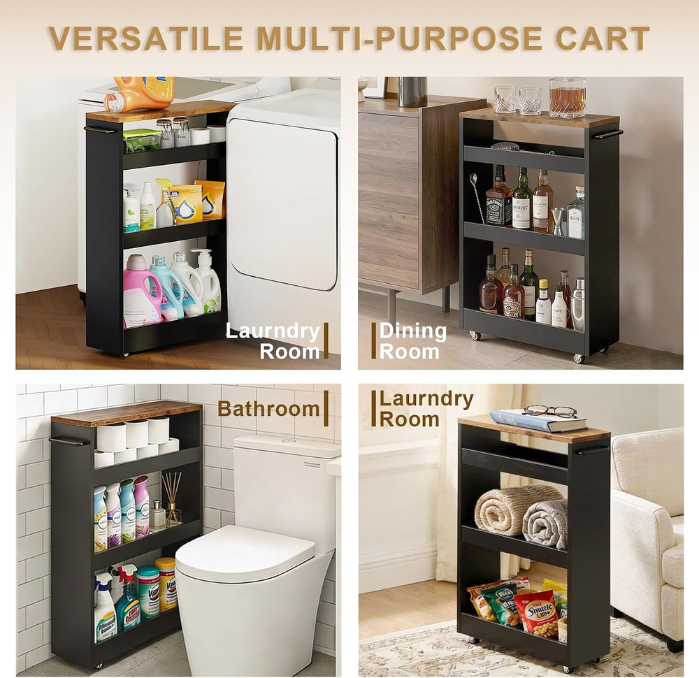 TEAMIX Wood 4-Tier Slim Rolling Storage Cart, 7.9"W, 24.8"D, 36.7&q...