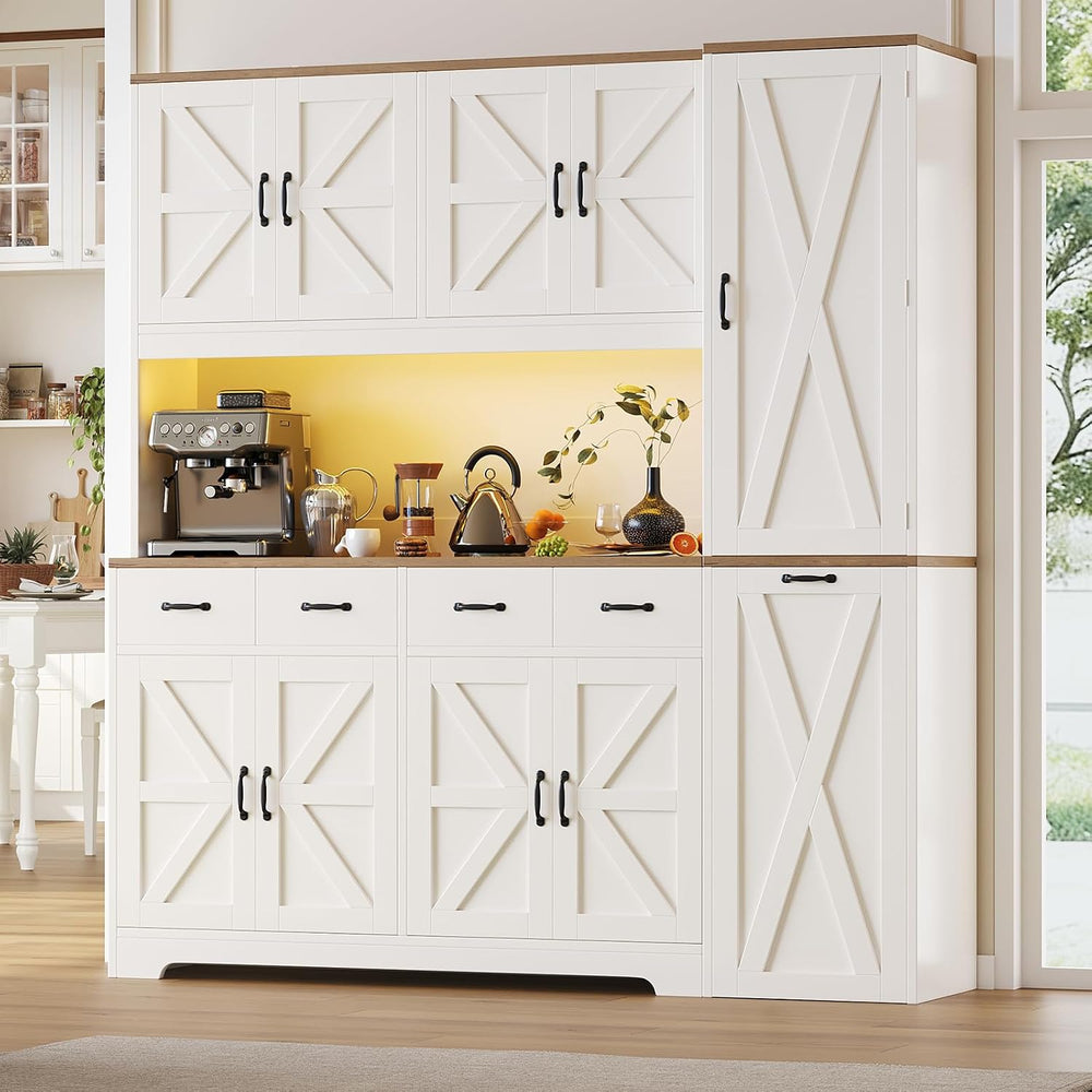 70.9" Tall Farmhouse Pantry Cabinet with Pull-Out Storage Cart & LED...