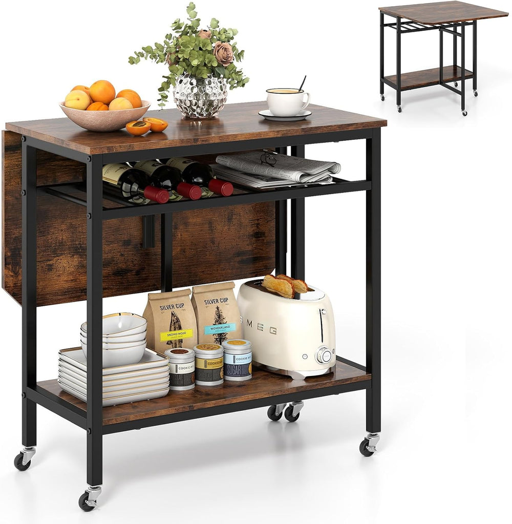Giantex Folding Dining Table with 5 Wheels, Extendable Bar Tables with Wine R...