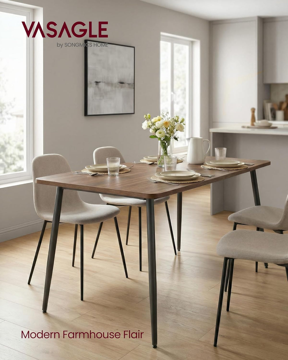 VASAGLE 55.1" Dining Table for 4-6 People, Modern Kitchen Table, Heat-Re...