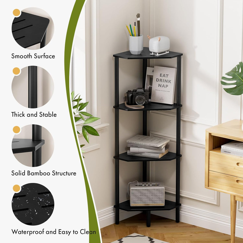 Corner Shelf Stand, 4 Tier Corner Bookshelf, Bamboo Storage Standing Shelf Un...