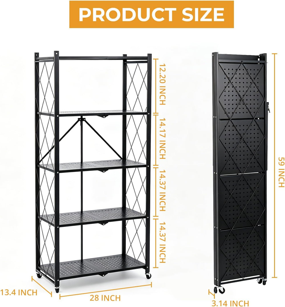 5 Tier Foldable Storage Shelf with Wheels, Heavy Duty Metal Rolling Shelf Rac...