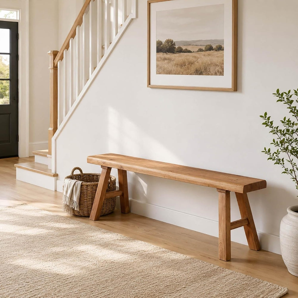 Farmhouse Solid Wooden Narrow Bench Natural Rustic Kitchen Dining Table Skinn...