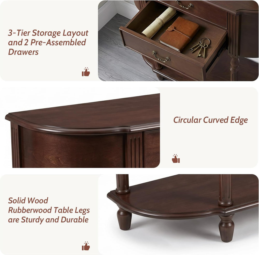 LKTART 43.3" Solid Wood Vintage Curved Console Table, Half Moon Sofa Tab...