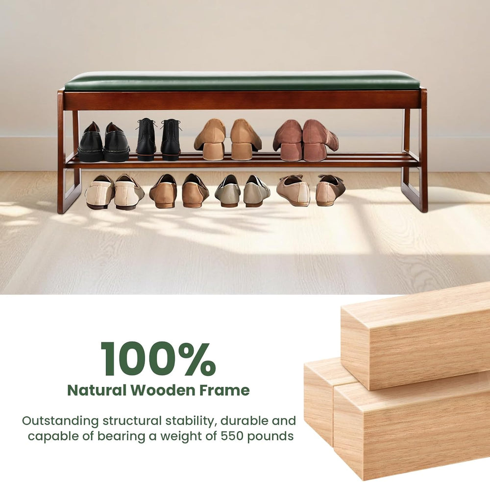 FAHKNS Shoe Bench with Leather Cushion 2 Tiers Shoe Rack 39.4" Rubberwoo...