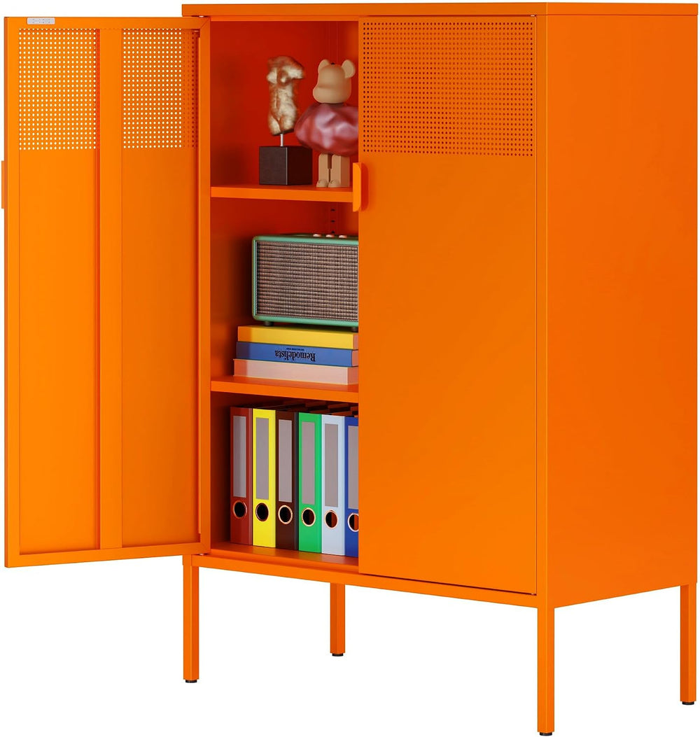 Orange 3 Tier Metal Storage Cabinet with Legs, 2 Door Metal Locker Style Acce...